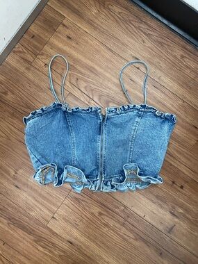 Denim Ruffle Cropped Tank Top - Blue